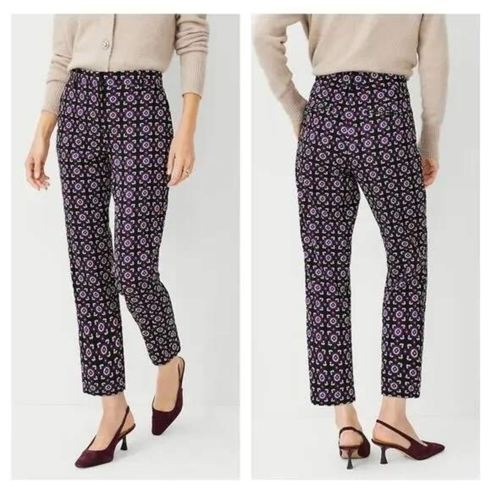 Ann Taylor Pants Womens 4 Black Purple Eva Ankle Geometric Floral Medallion Slim